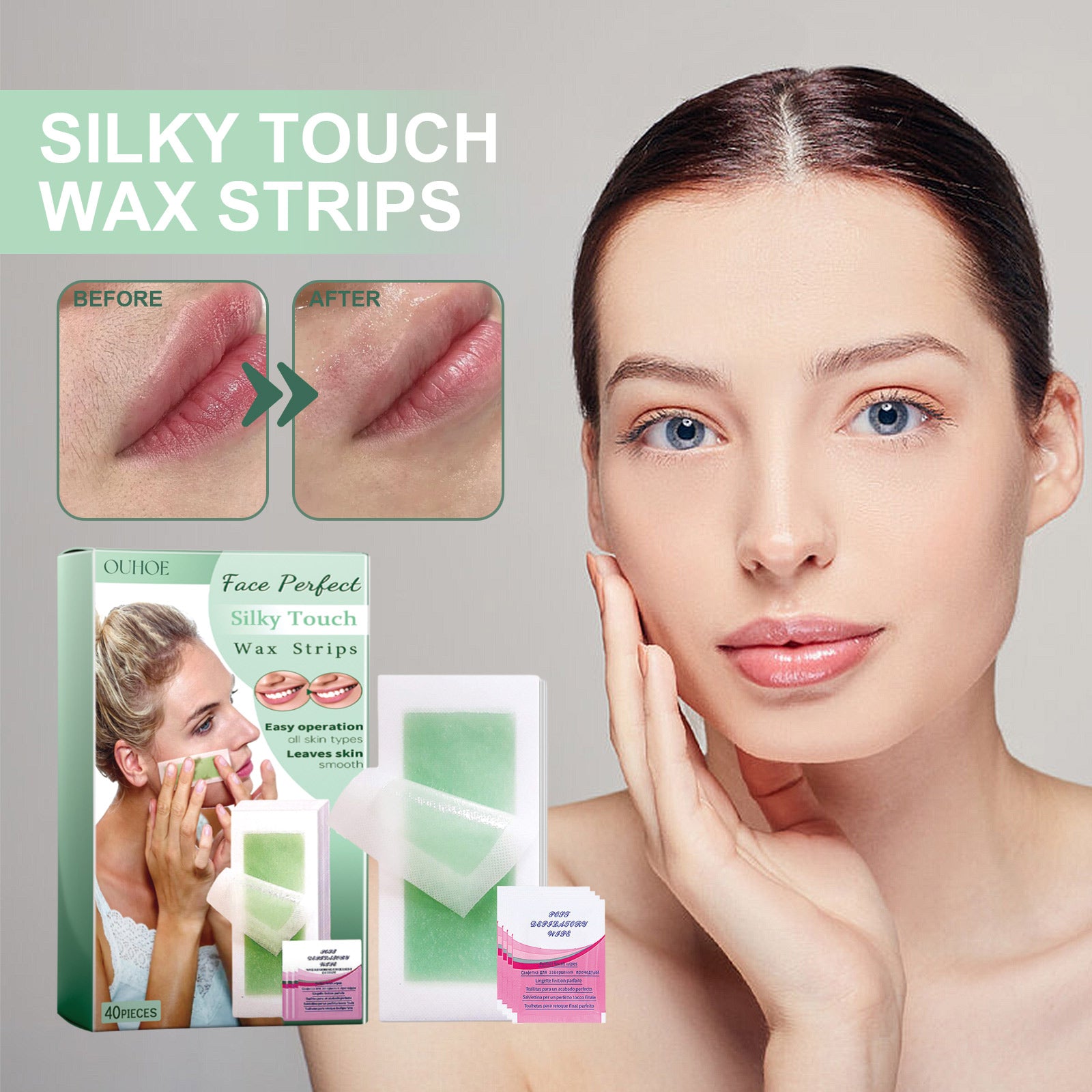 Silky Touch Wax Strips, Mild Non-Irritating Moisturizing Refreshing Clean Face Lip Hair Removal Wax